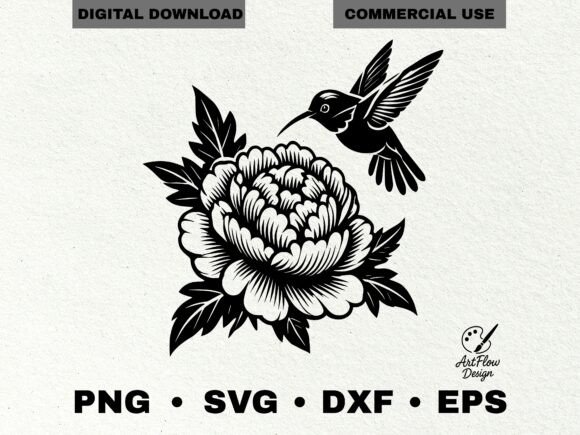 Hummingbird Peony Flower SVG