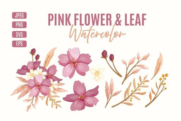 Pink Flower Leaf Watercolor Bundle